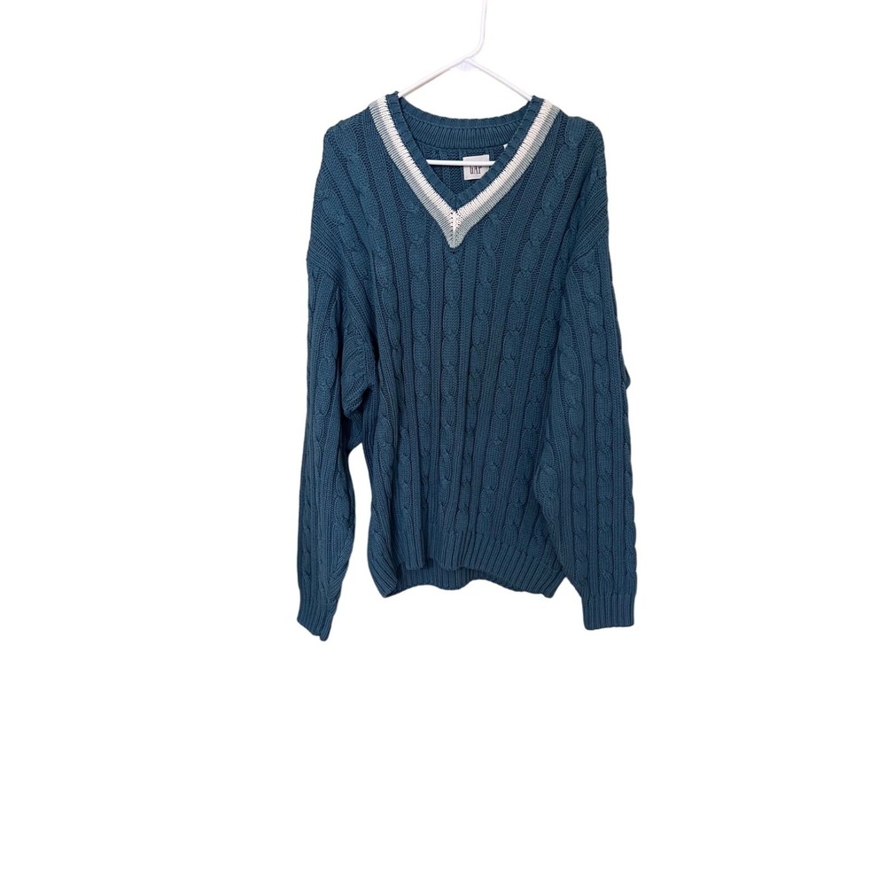 Gap  Womens Cable Knit V-Neck Sweater L Teal Blue